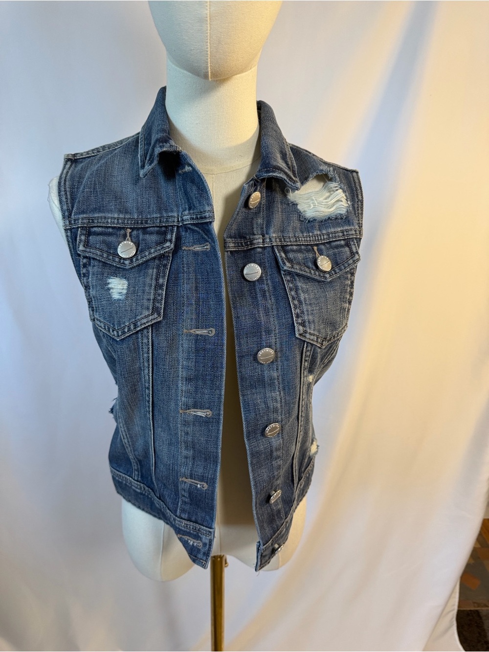 Distressed Blue Denim Vest - Sleeveless Button-Up